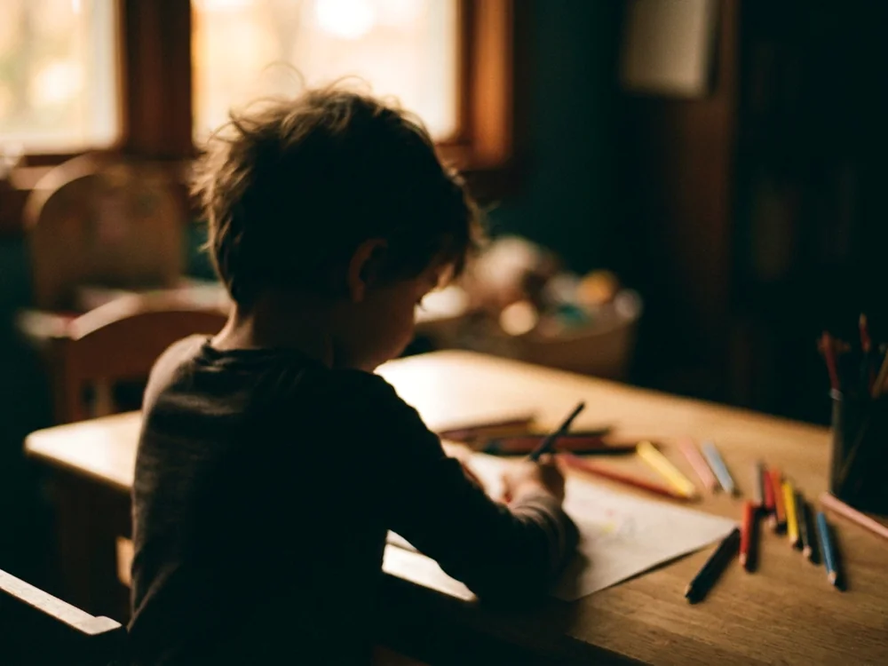 Niño dibujando, imagen de ambiente desenfocada